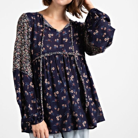 32. EASEL BLUE FLORAL PRINTED BABYDOLL TUNIC - Picture 2 of 5